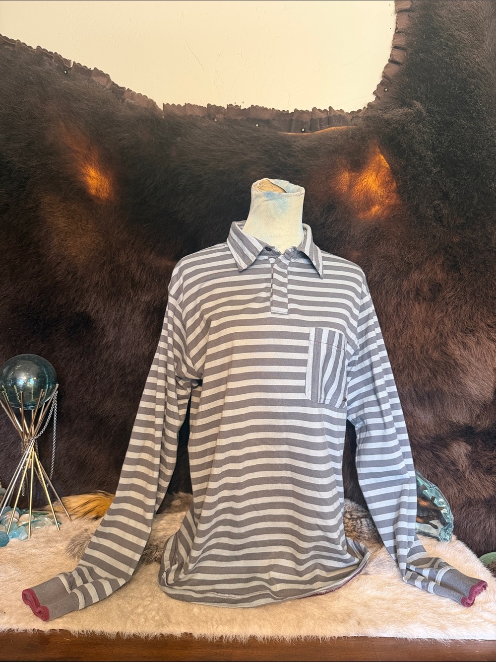 Men's Gray & Marxism gray Stripe Long-Sleeve Polo Shirt M (4550)